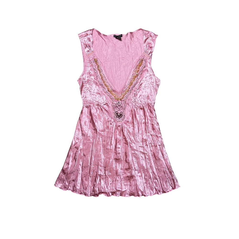 FANG Pink Metallic Crushed Satin Beaded V-Neck Tunic Top